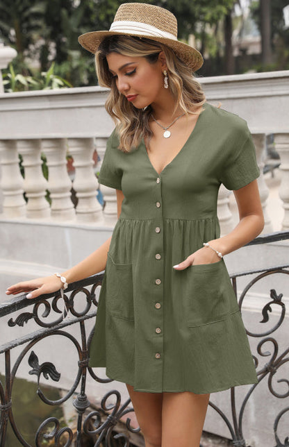 Dress- Button Up Cotton Short Sleeve Mini Dress- - IndioGear Fashion and Gear