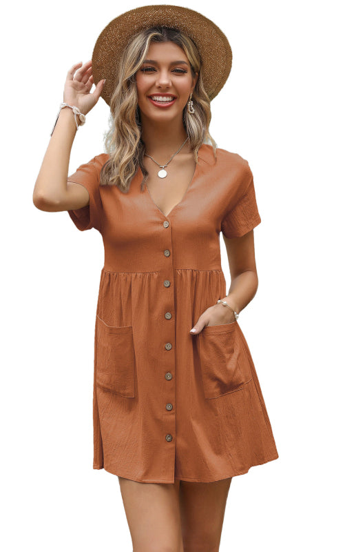 Dress- Button Up Cotton Short Sleeve Mini Dress- - IndioGear Fashion and Gear