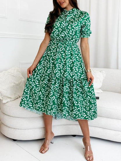 Dress- Casual Leaves Print Midi Dress- - IndioGear Fashion and Gear