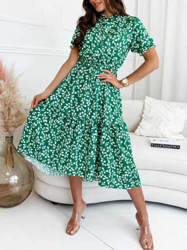 Dress- Casual Leaves Print Midi Dress- - IndioGear Fashion and Gear