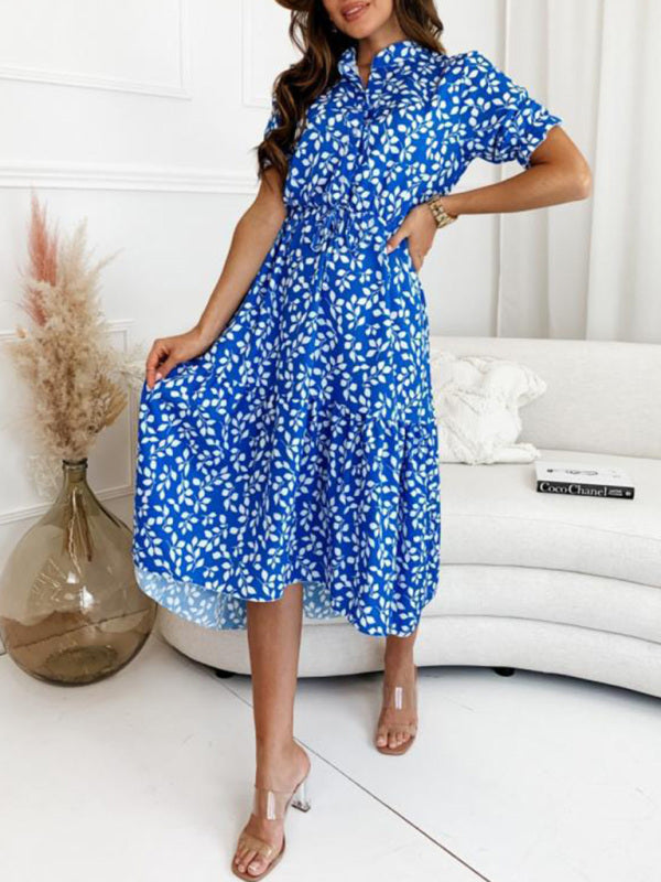 Dress- Casual Leaves Print Midi Dress- - IndioGear Fashion and Gear