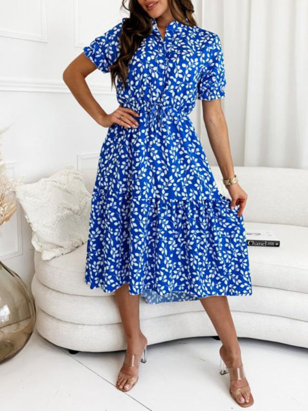 Dress- Casual Leaves Print Midi Dress- - IndioGear Fashion and Gear