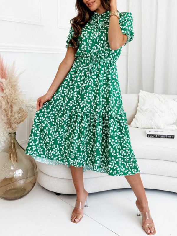 Dress- Casual Leaves Print Midi Dress- Green- IndioGear Fashion and Gear