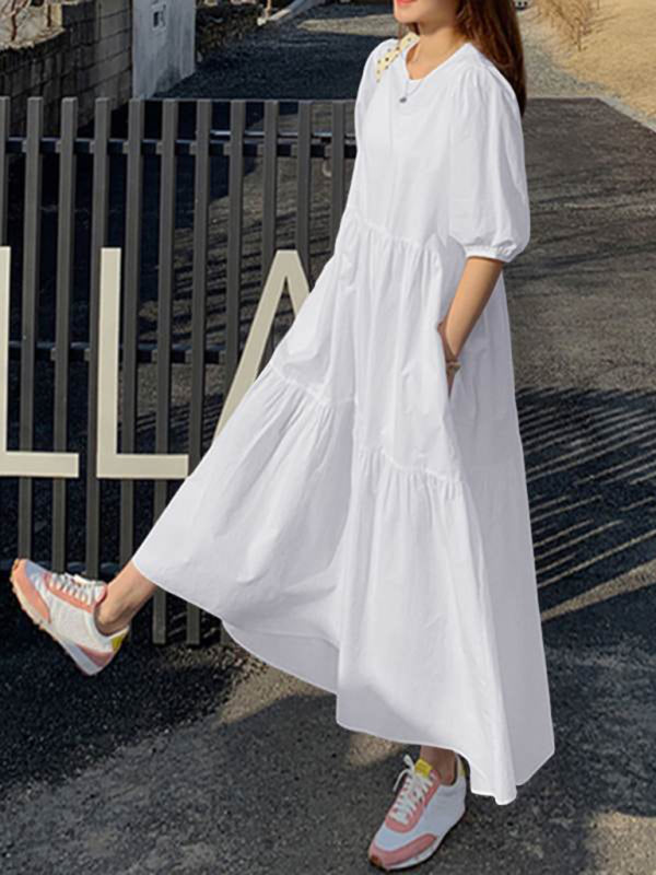 Dress- Casual Loose Maxi Tunic Dress: Half Puff Sleeves, Tiered Skirt, Pockets- - IndioGear Fashion and Gear