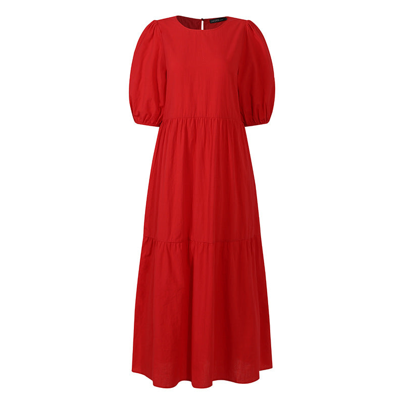 Dress- Casual Loose Maxi Tunic Dress: Half Puff Sleeves, Tiered Skirt, Pockets- - IndioGear Fashion and Gear