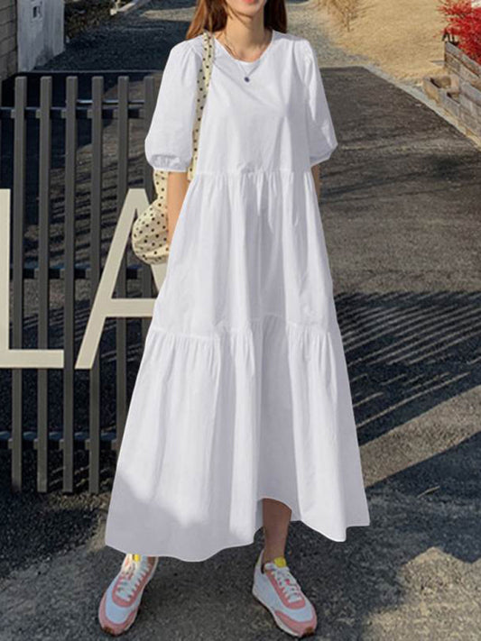 Dress- Casual Loose Maxi Tunic Dress: Half Puff Sleeves, Tiered Skirt, Pockets- White- IndioGear Fashion and Gear