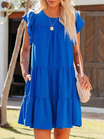 Dress- Casual Meets Classy: Solid A-Line Flowy Tiered Dress- Blue- IndioGear Fashion and Gear