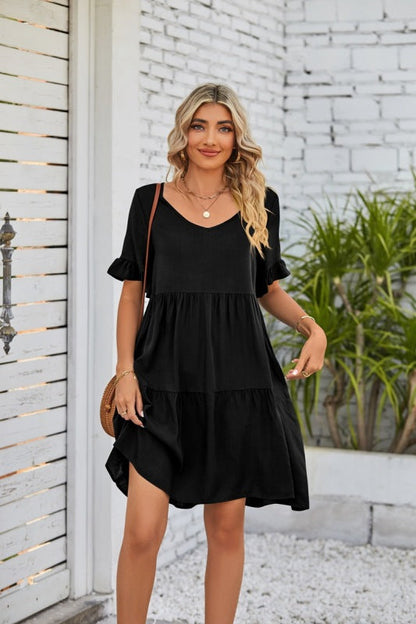 Dress- Casual Solid Flowy Tiered Mini Dress with Pockets- Black- IndioGear Fashion and Gear