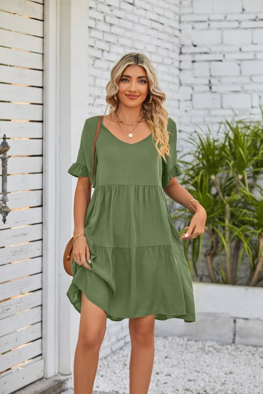 Dress- Casual Solid Flowy Tiered Mini Dress with Pockets- Olive green- IndioGear Fashion and Gear