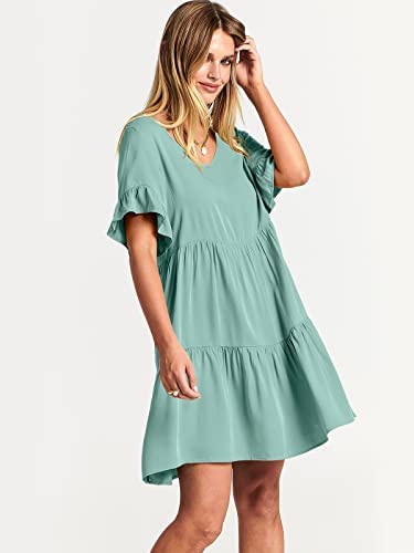 Dress- Casual Solid Flowy Tiered Mini Dress with Pockets- - IndioGear Fashion and Gear