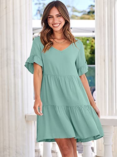 Dress- Casual Solid Flowy Tiered Mini Dress with Pockets- - IndioGear Fashion and Gear