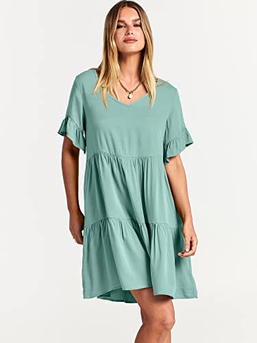 Dress- Casual Solid Flowy Tiered Mini Dress with Pockets- - IndioGear Fashion and Gear