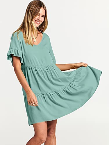 Dress- Casual Solid Flowy Tiered Mini Dress with Pockets- - IndioGear Fashion and Gear