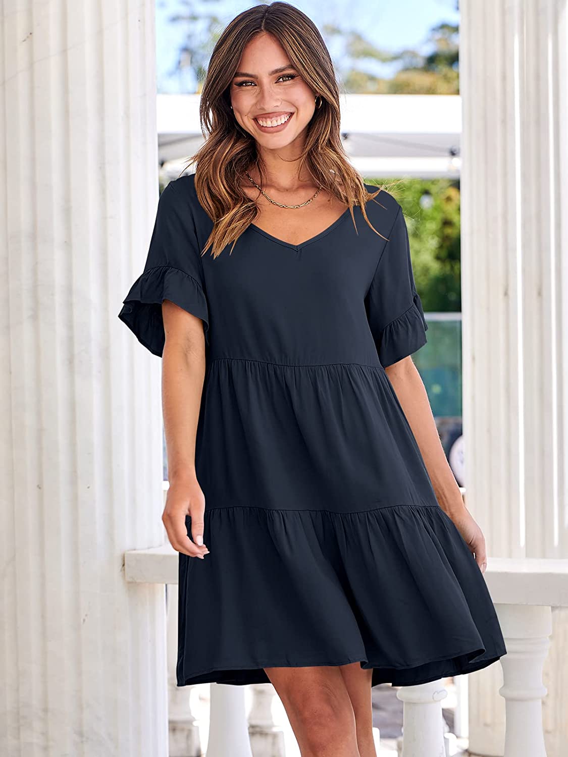 Dress- Casual Solid Flowy Tiered Mini Dress with Pockets- - IndioGear Fashion and Gear