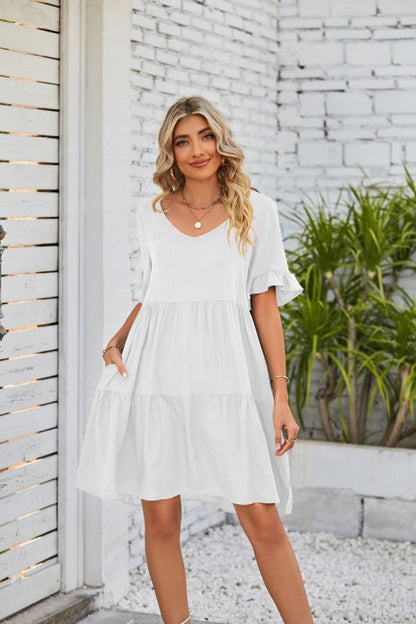 Dress- Casual Solid Flowy Tiered Mini Dress with Pockets- White- IndioGear Fashion and Gear