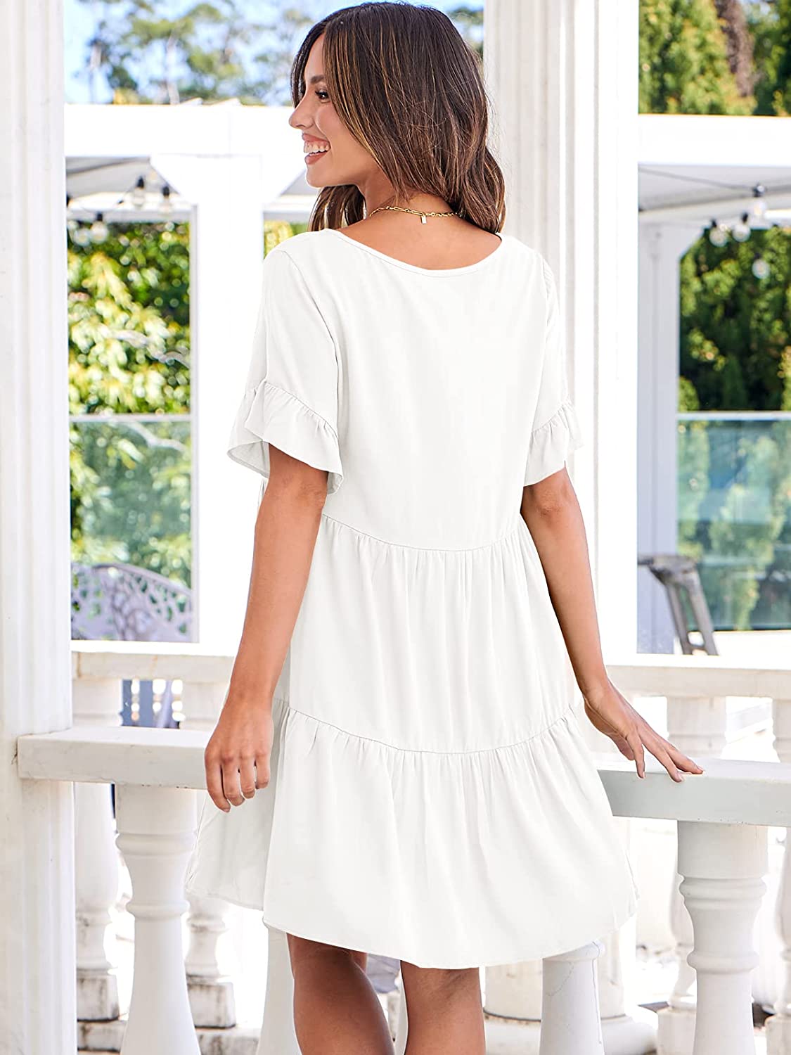 Dress- Casual Solid Flowy Tiered Mini Dress with Pockets- - IndioGear Fashion and Gear