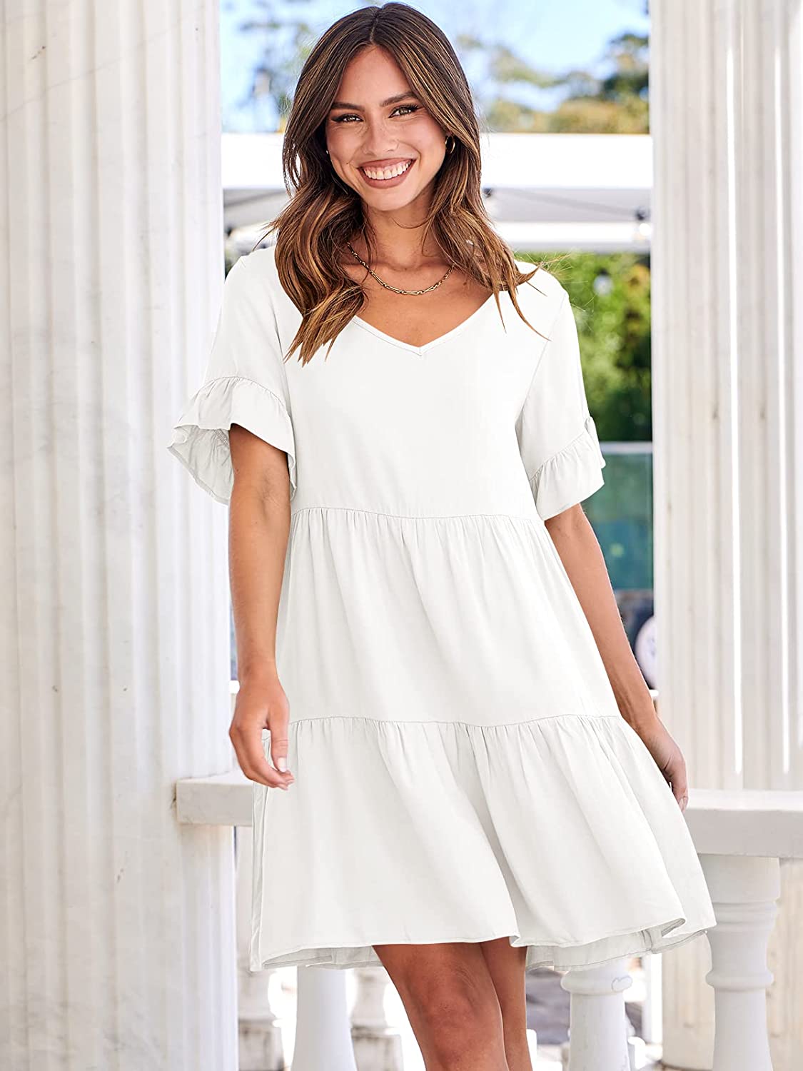 Dress- Casual Solid Flowy Tiered Mini Dress with Pockets- - IndioGear Fashion and Gear