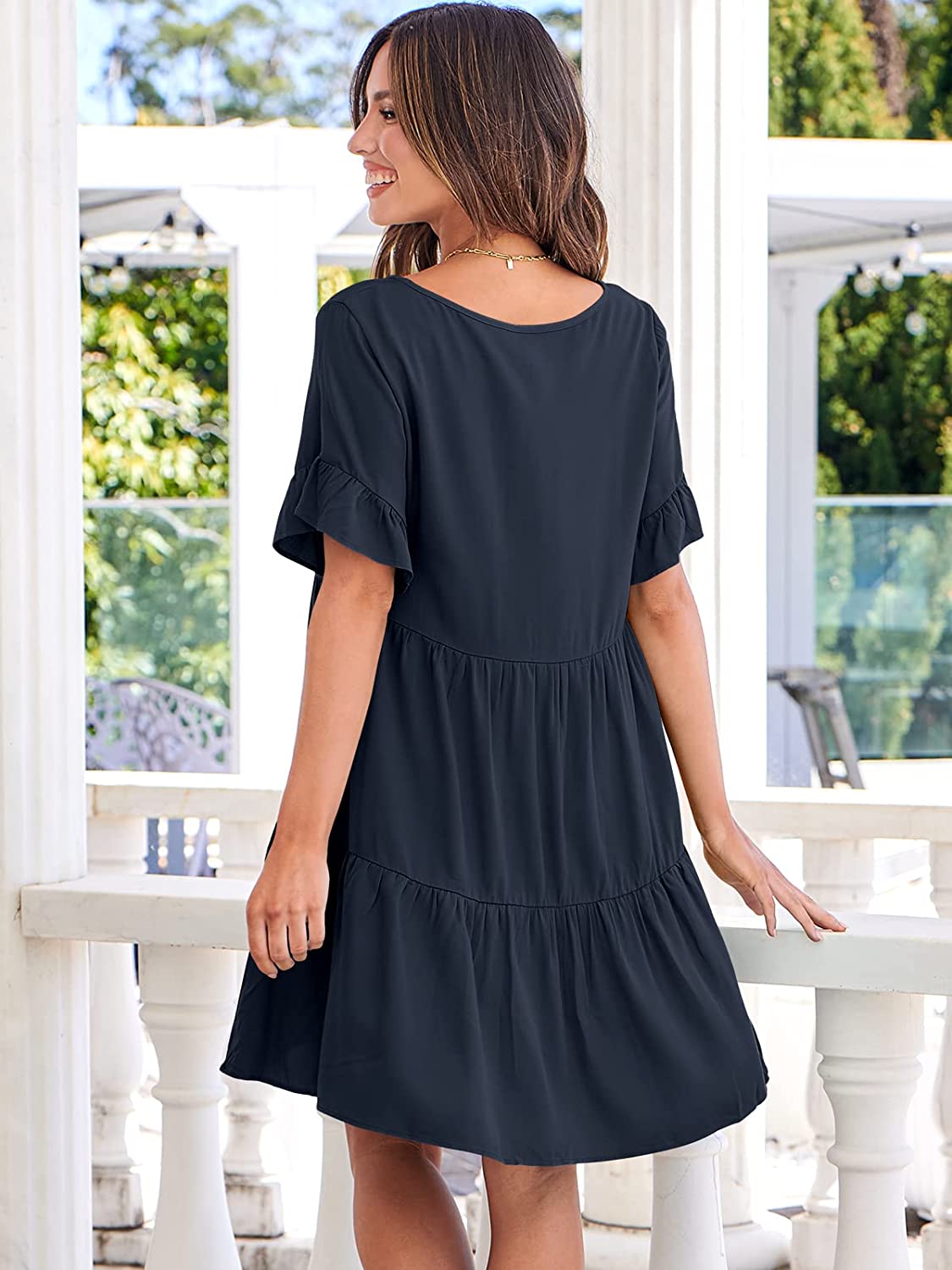 Dress- Casual Solid Flowy Tiered Mini Dress with Pockets- - IndioGear Fashion and Gear