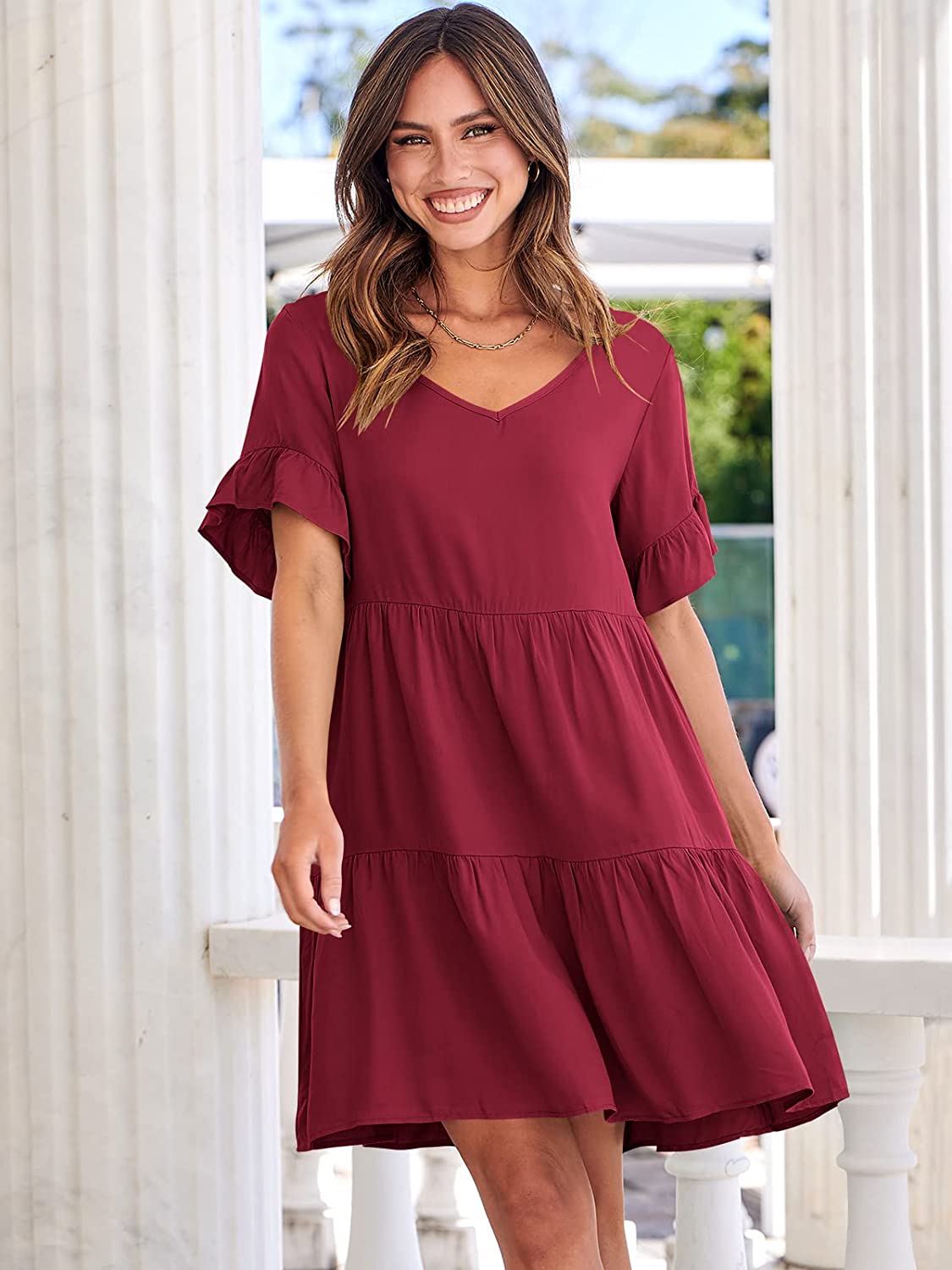 Dress- Casual Solid Flowy Tiered Mini Dress with Pockets- - IndioGear Fashion and Gear