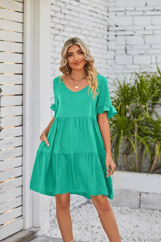 Dress- Casual Solid Flowy Tiered Mini Dress with Pockets- Mint- IndioGear Fashion and Gear