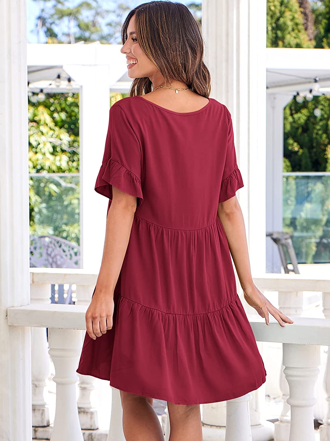 Dress- Casual Solid Flowy Tiered Mini Dress with Pockets- - IndioGear Fashion and Gear