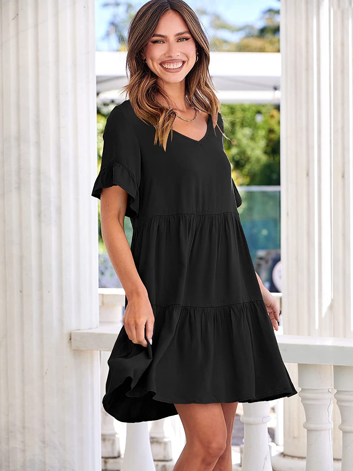 Dress- Casual Solid Flowy Tiered Mini Dress with Pockets- - IndioGear Fashion and Gear