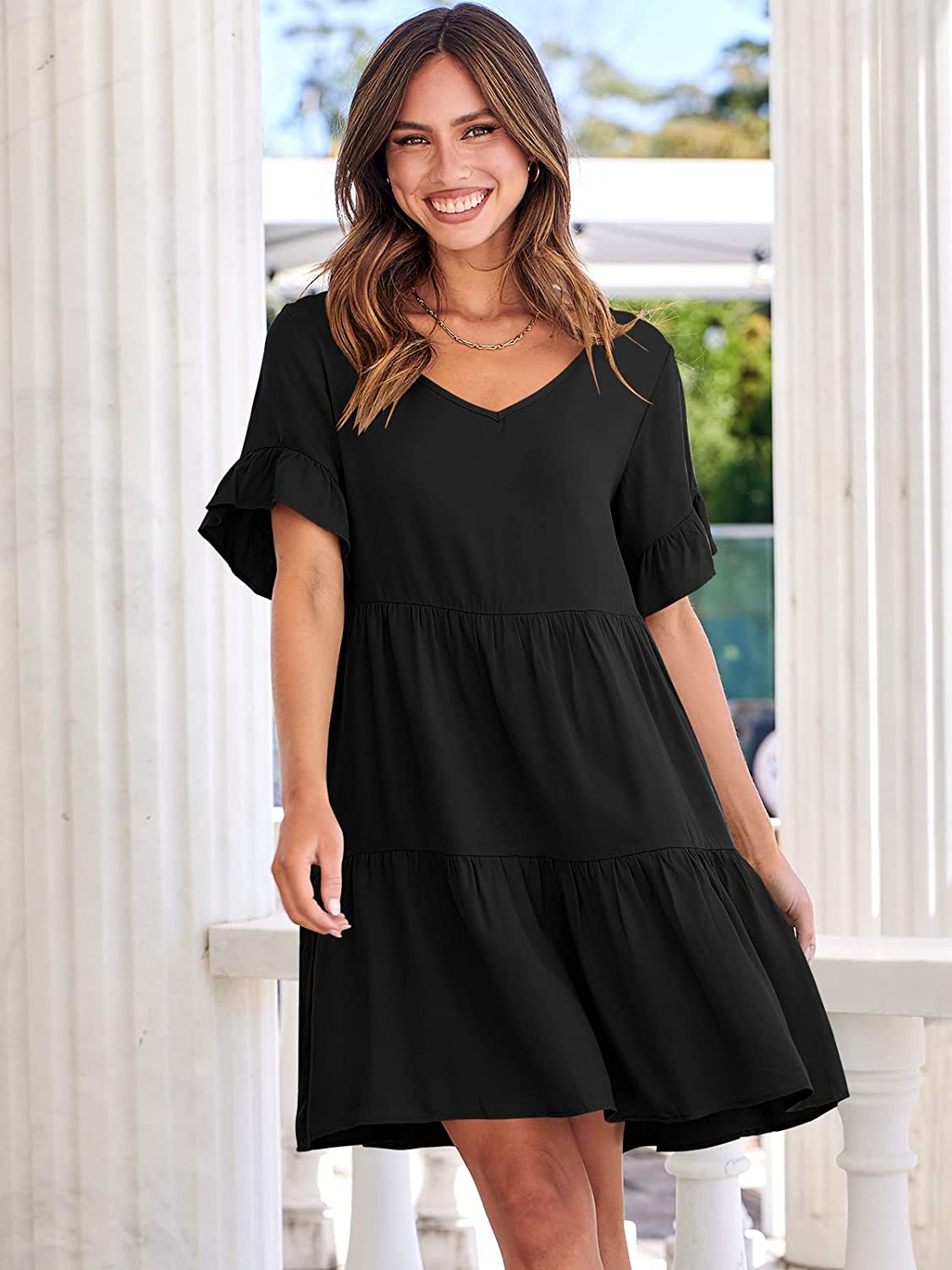 Dress- Casual Solid Flowy Tiered Mini Dress with Pockets- - IndioGear Fashion and Gear