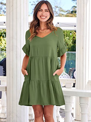 Dress- Casual Solid Flowy Tiered Mini Dress with Pockets- - IndioGear Fashion and Gear