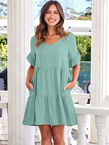 Dress- Casual Solid Flowy Tiered Mini Dress with Pockets- - IndioGear Fashion and Gear