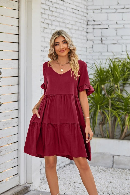 Dress- Casual Solid Flowy Tiered Mini Dress with Pockets- Wine Red- IndioGear Fashion and Gear