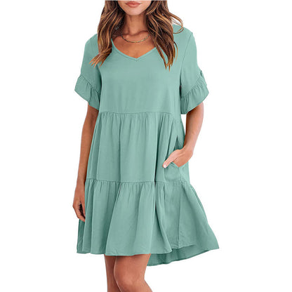 Dress- Casual Solid Flowy Tiered Mini Dress with Pockets- Pale green- IndioGear Fashion and Gear