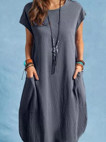 Dress- Casual Tunic Midi Dress with Pockets- Grey- IndioGear Fashion and Gear