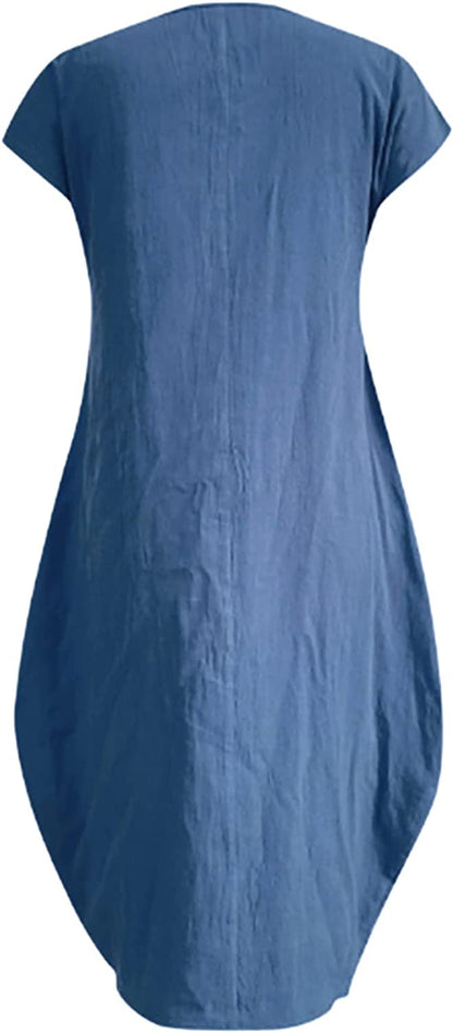 Dress- Casual Tunic Midi Dress with Pockets- - IndioGear Fashion and Gear