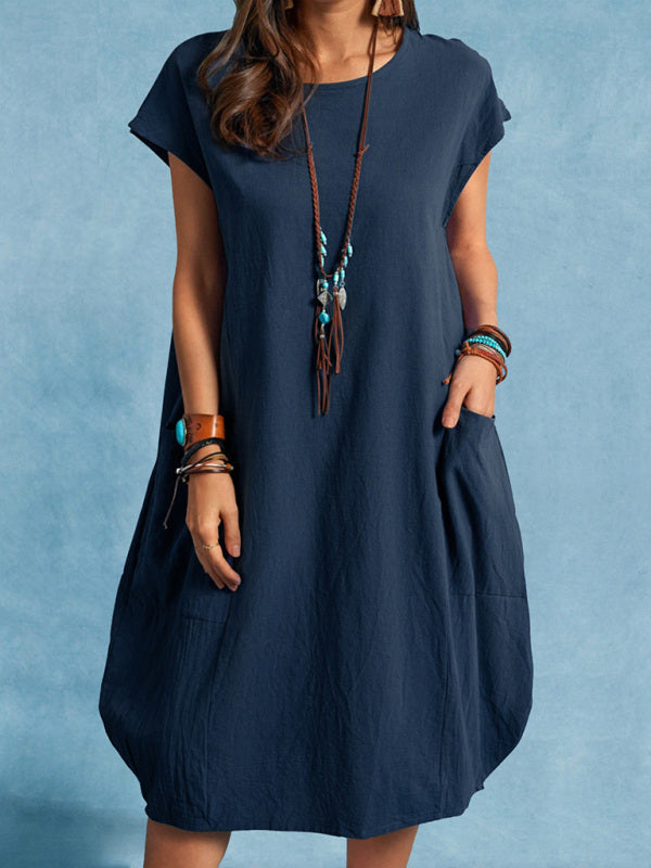 Dress- Casual Tunic Midi Dress with Pockets- Purplish blue navy- IndioGear Fashion and Gear