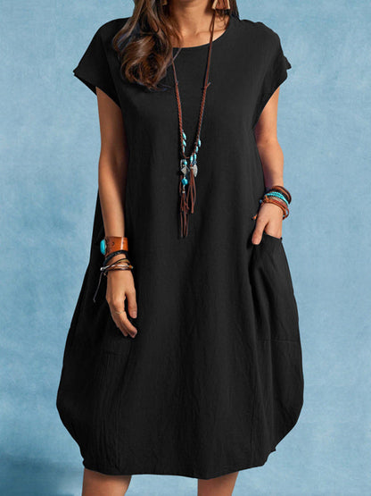 Dress- Casual Tunic Midi Dress with Pockets- Black- IndioGear Fashion and Gear