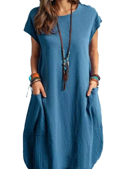 Dress- Casual Tunic Midi Dress with Pockets- Blue- IndioGear Fashion and Gear