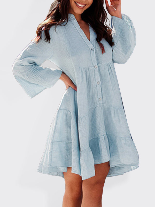 Dress- Chic Holiday Shirt Dress: Notched Neck, Tiered Loose Fit - Shop Now!- Blue- IndioGear Fashion and Gear