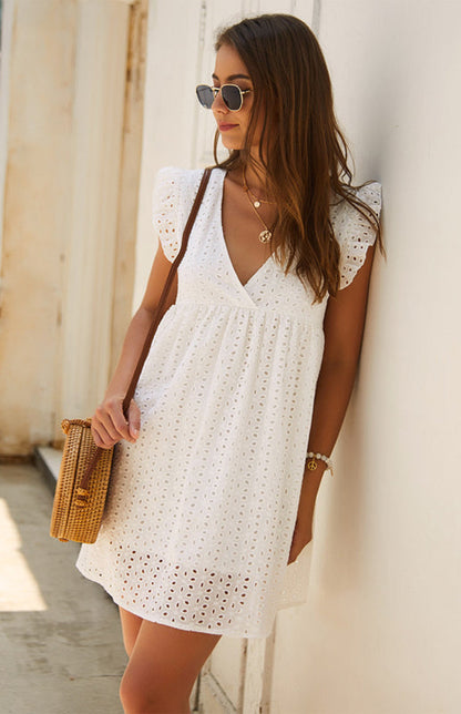 Dress- Cotton Eyelet V-neck Vacay Mini Dress- - IndioGear Fashion and Gear