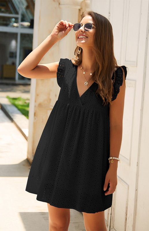 Dress- Cotton Eyelet V-neck Vacay Mini Dress- - IndioGear Fashion and Gear