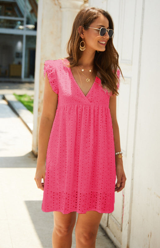 Dress- Cotton Eyelet V-neck Vacay Mini Dress- Rose Red- IndioGear Fashion and Gear