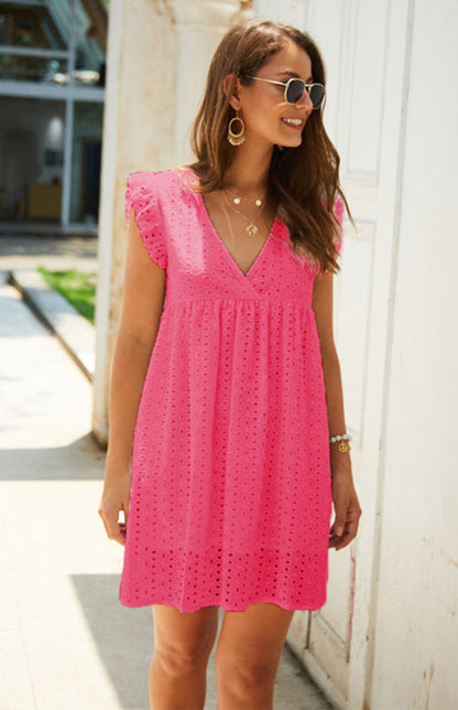 Dress- Cotton Eyelet V-neck Vacay Mini Dress- Rose Red- IndioGear Fashion and Gear