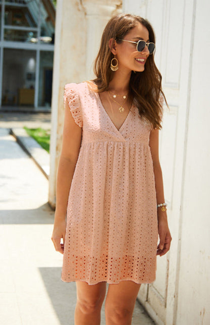 Dress- Cotton Eyelet V-neck Vacay Mini Dress- - IndioGear Fashion and Gear