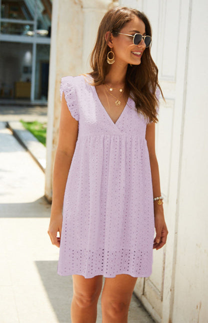 Dress- Cotton Eyelet V-neck Vacay Mini Dress- - IndioGear Fashion and Gear