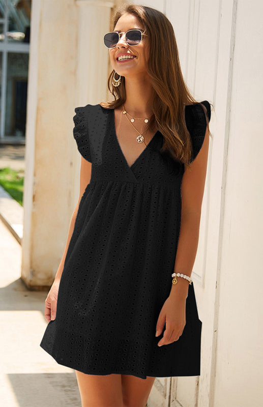 Dress- Cotton Eyelet V-neck Vacay Mini Dress- - IndioGear Fashion and Gear