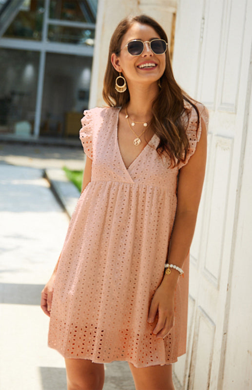 Dress- Cotton Eyelet V-neck Vacay Mini Dress- - IndioGear Fashion and Gear