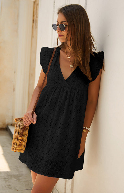 Dress- Cotton Eyelet V-neck Vacay Mini Dress- - IndioGear Fashion and Gear