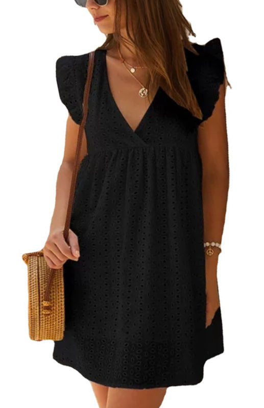 Dress- Cotton Eyelet V-neck Vacay Mini Dress- Black- IndioGear Fashion and Gear