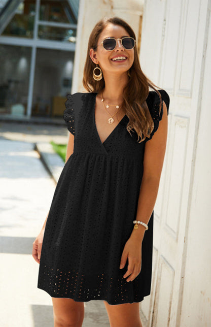 Dress- Cotton Eyelet V-neck Vacay Mini Dress- - IndioGear Fashion and Gear