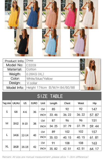 Dress- Cotton Eyelet V-neck Vacay Mini Dress- - IndioGear Fashion and Gear