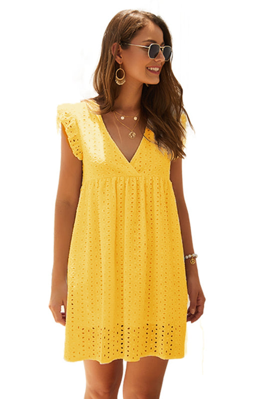 Dress- Cotton Eyelet V-neck Vacay Mini Dress- Yellow- IndioGear Fashion and Gear